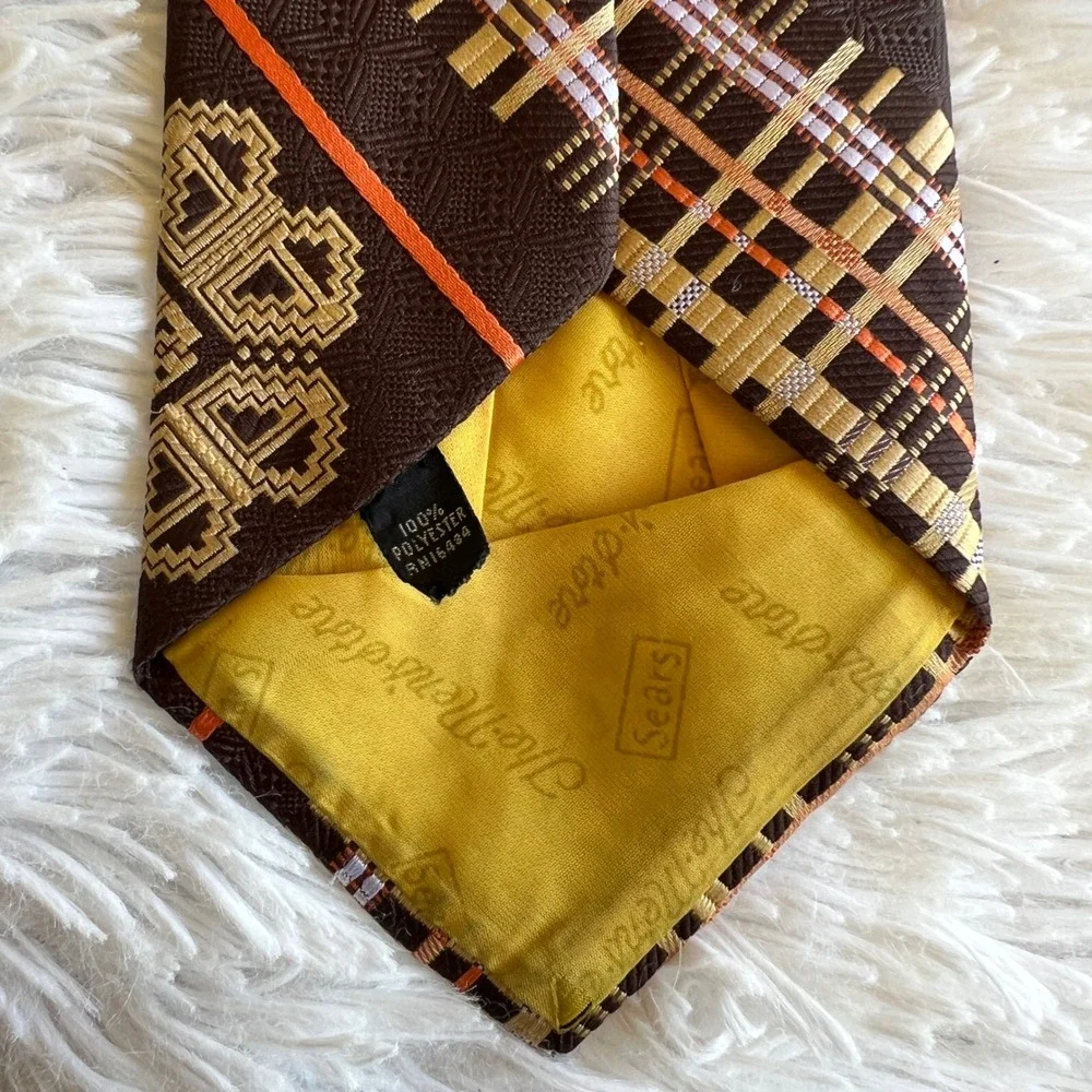Vintage 70s Sears Polyester Wide Necktie Brown Jacquard Gold Beige Orange